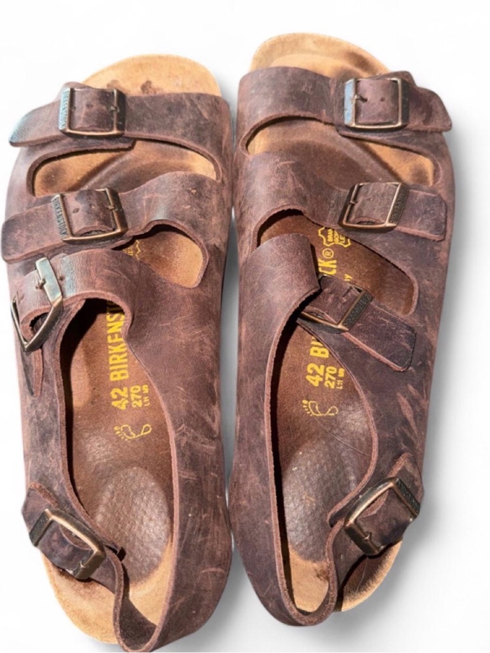 Birkenstock Men's Brown Three-Strap Leather Buckle Sandals